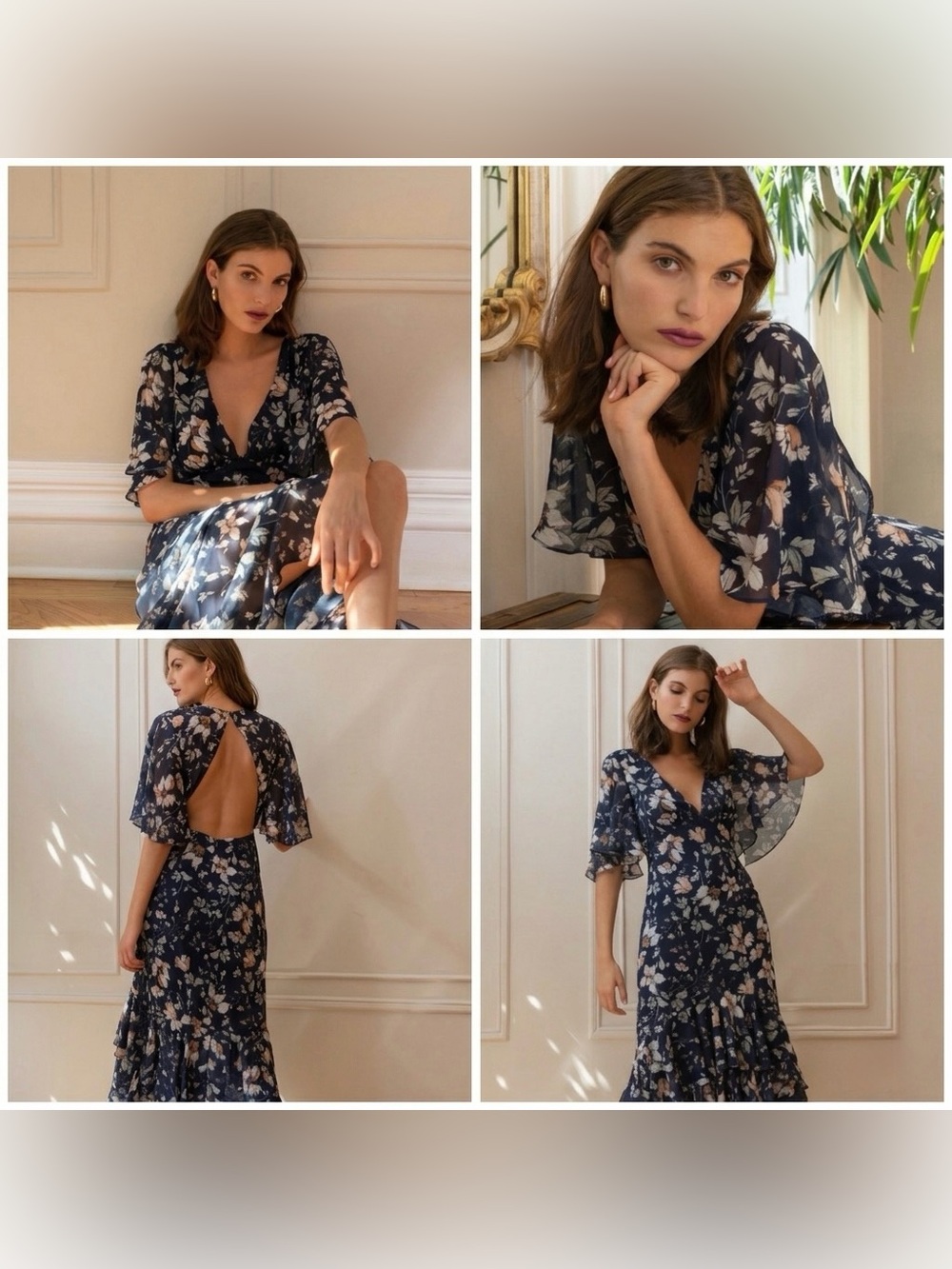 Jenny Yoo Women’s Sonia V-neck Floral Crepe Open Back Navy Midi Dress Size 12